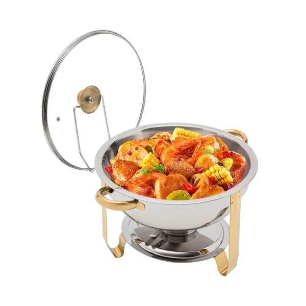 Estufa de comedor redonda dorada de 5 litros (se puede colgar la tapa de cristal) Juego de buffet redondo para frotar de acero inoxidable Estufa de comedor redonda dorada de 5 litros (se puede colgar la tapa de cristal) Juego de buffet redondo para frotar de acero inoxidable