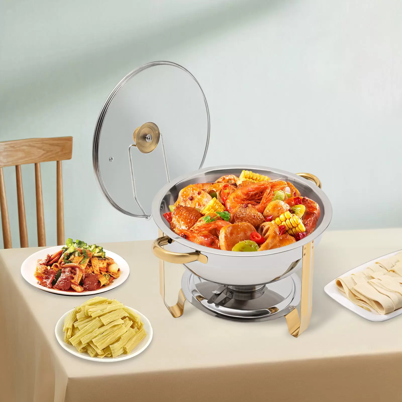 Estufa de comedor redonda dorada de 5 litros (se puede colgar la tapa de cristal) Juego de buffet redondo para frotar de acero inoxidable