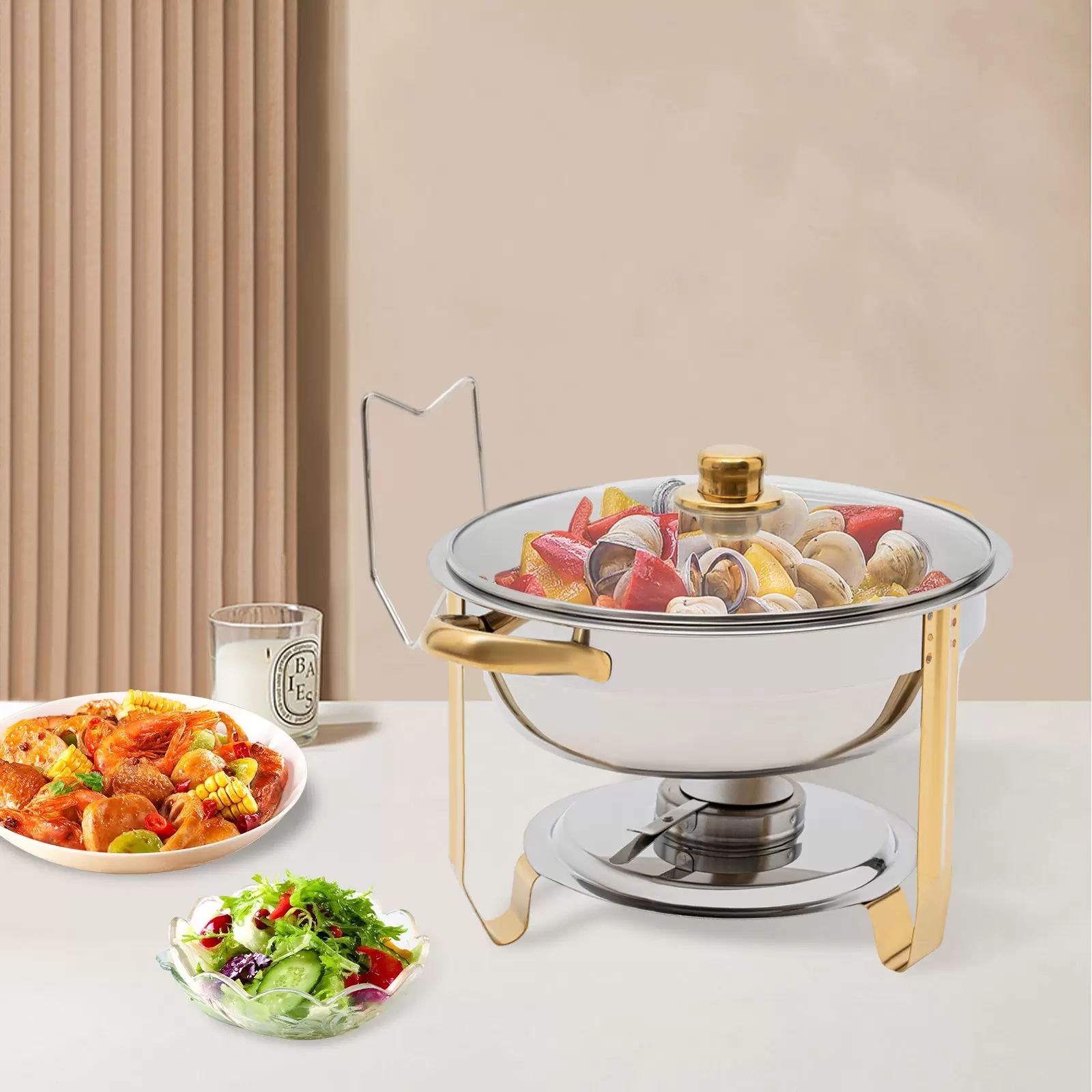Estufa de comedor redonda dorada de 5 litros (se puede colgar la tapa de cristal) Juego de buffet redondo para frotar de acero inoxidable