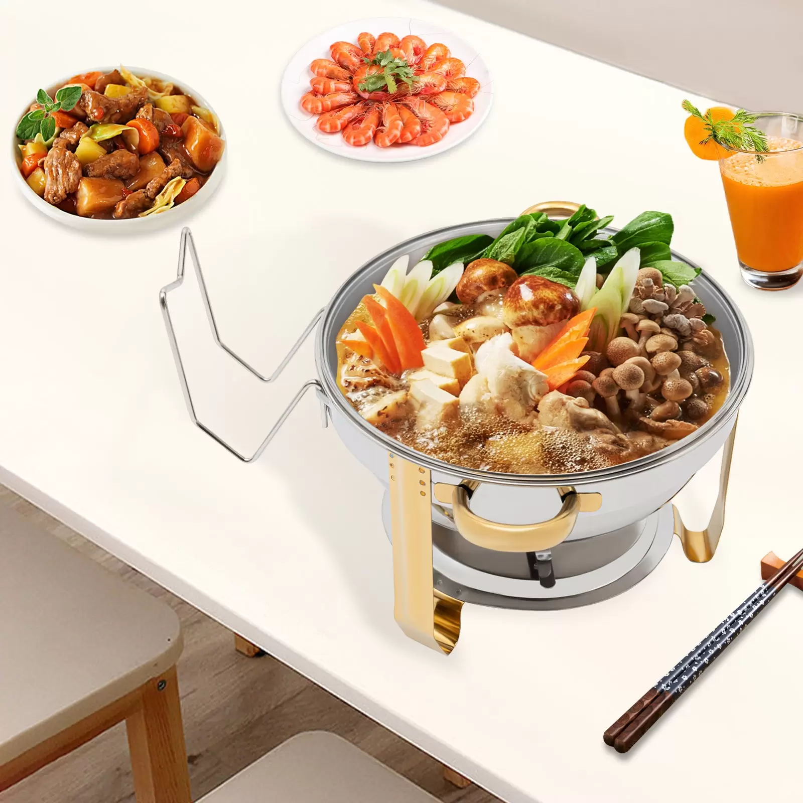 Estufa de comedor redonda dorada de 5 litros (se puede colgar la tapa de cristal) Juego de buffet redondo para frotar de acero inoxidable