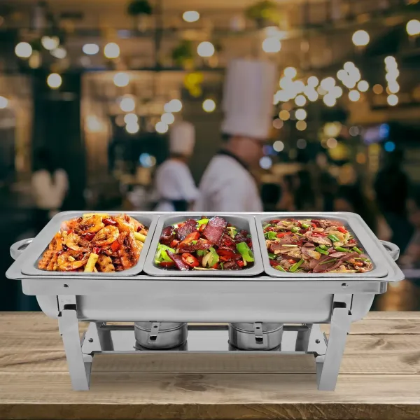 Calentador de alimentos de acero inoxidable con 3 sartenes y marco plegable de plata 3 litros/cada plato, calentador de alimentos con tap