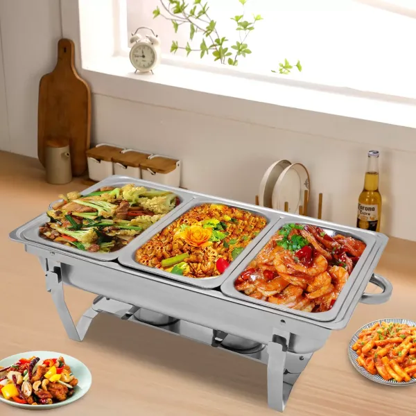 Calentador de alimentos de acero inoxidable con 3 sartenes y marco plegable de plata 3 litros/cada plato, calentador de alimentos con tap