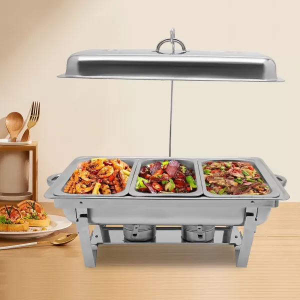 Calentador de alimentos de acero inoxidable con 3 sartenes y marco plegable de plata 3 litros/cada plato, calentador de alimentos con tap