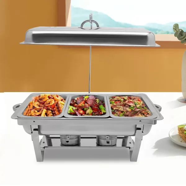 Calentador de alimentos de acero inoxidable con 3 sartenes y marco plegable de plata 3 litros/cada plato, calentador de alimentos con tap Calentador de alimentos de acero inoxidable con 3 sartenes y marco plegable de plata 3 litros/cada plato, calentador de alimentos con tap