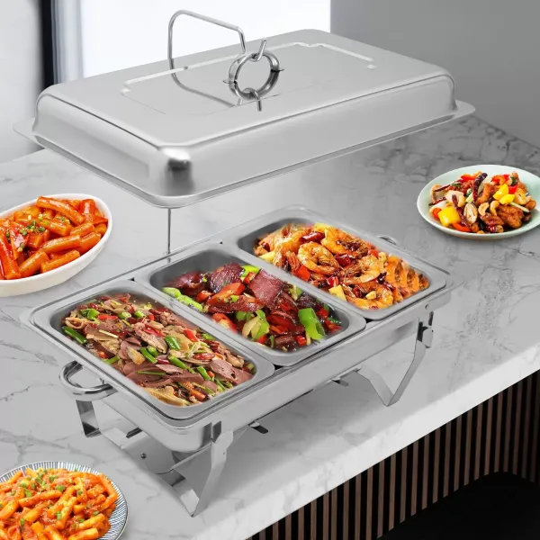 Calentador de alimentos de acero inoxidable con 3 sartenes y marco plegable de plata 3 litros/cada plato, calentador de alimentos con tap