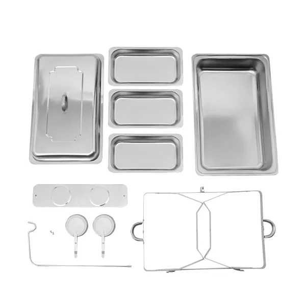 Calentador de alimentos de acero inoxidable con 3 sartenes y marco plegable de plata 3 litros/cada plato, calentador de alimentos con tap Calentador de alimentos de acero inoxidable con 3 sartenes y marco plegable de plata 3 litros/cada plato, calentador de alimentos con tap