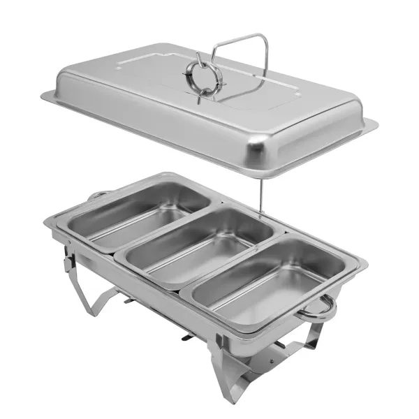 Calentador de alimentos de acero inoxidable con 3 sartenes y marco plegable de plata 3 litros/cada plato, calentador de alimentos con tap