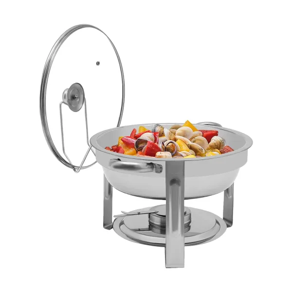 Estufa de comedor redonda de acero inoxidable de 5 litros (se puede colgar la tapa de vidrio) Estufa de comedor redonda de acero inoxidable de 5 litros (se puede colgar la tapa de vidrio)