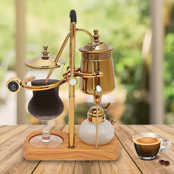 Cafetera de sifón, cafetera de sifón belga, cafetera al vacío, cafetera de té y café, base de madera natural y pomo de tapa