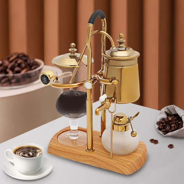 Cafetera de sifón, cafetera de sifón belga, cafetera al vacío, cafetera de té y café, base de madera natural y pomo de tapa
