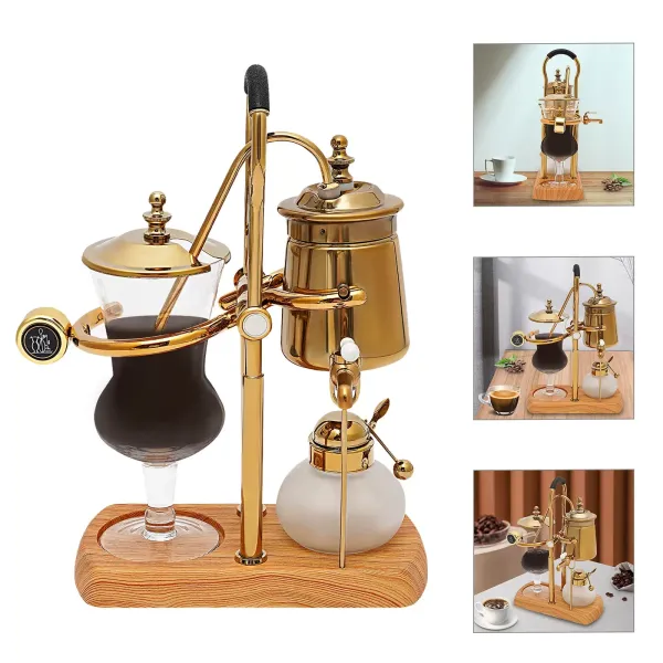 Cafetera de sifón, cafetera de sifón belga, cafetera al vacío, cafetera de té y café, base de madera natural y pomo de tapa