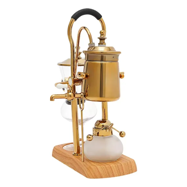 Cafetera de sifón, cafetera de sifón belga, cafetera al vacío, cafetera de té y café, base de madera natural y pomo de tapa