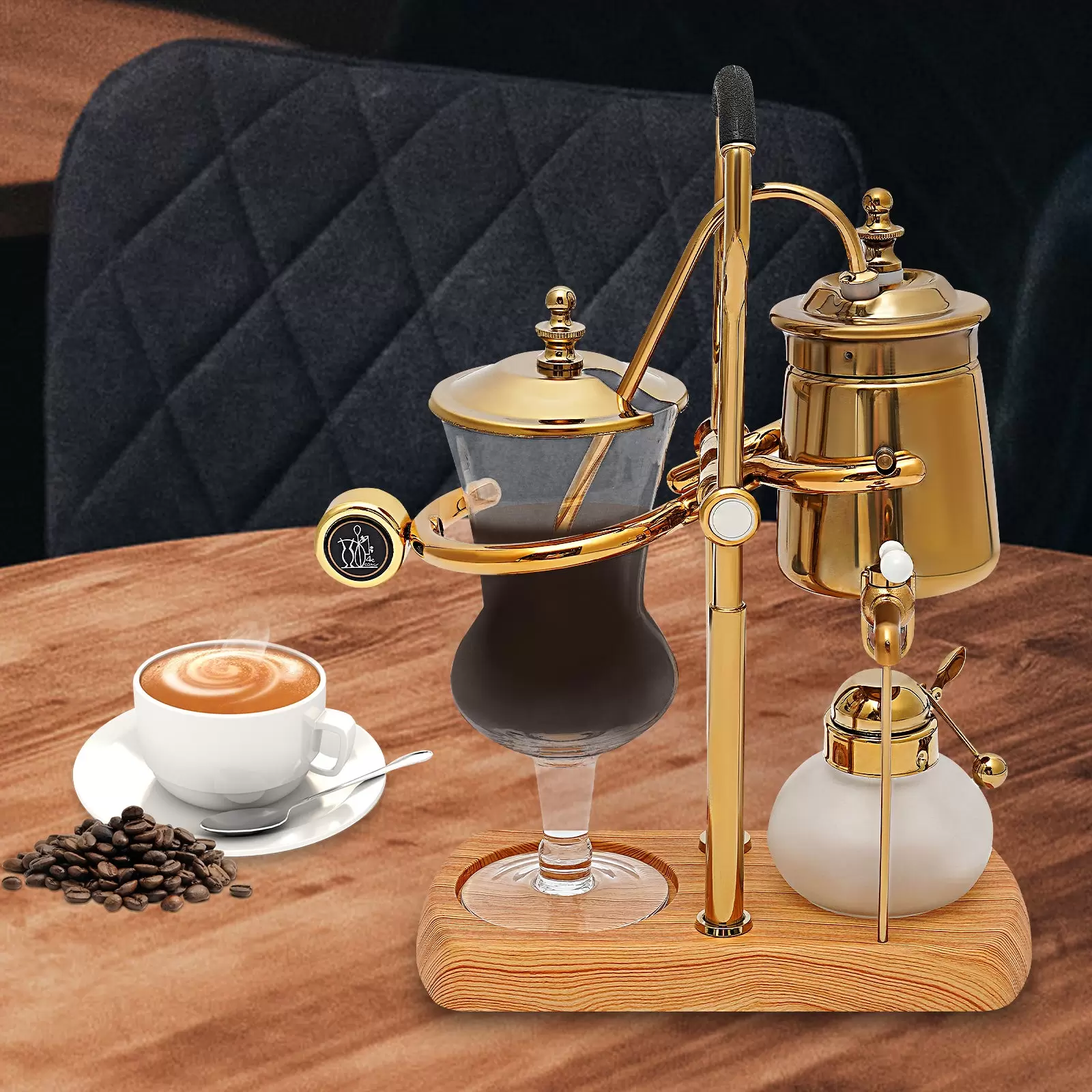 Cafetera de sifón, cafetera de sifón belga, cafetera al vacío, cafetera de té y café, base de madera natural y pomo de tapa