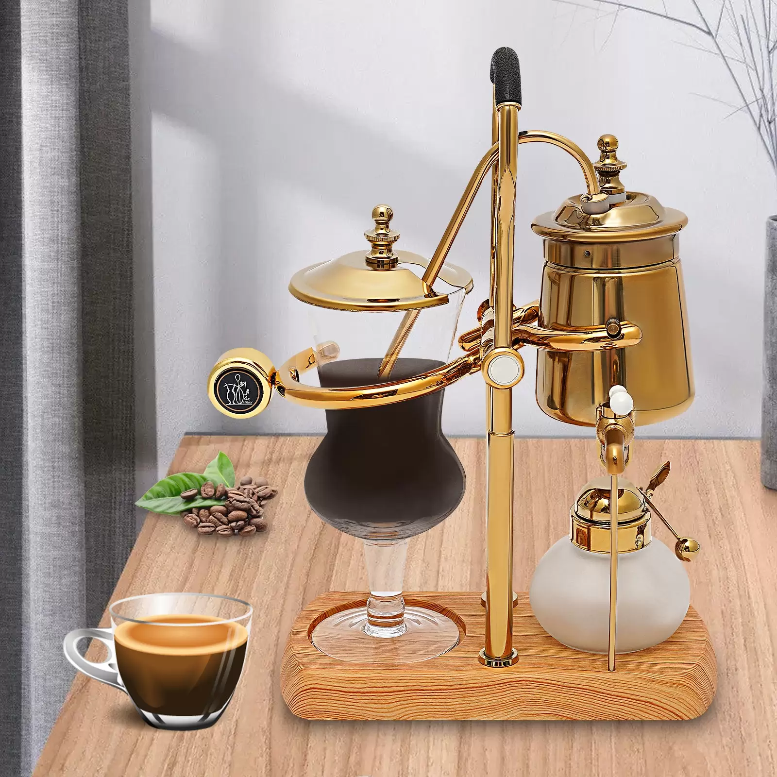 Cafetera de sifón, cafetera de sifón belga, cafetera al vacío, cafetera de té y café, base de madera natural y pomo de tapa