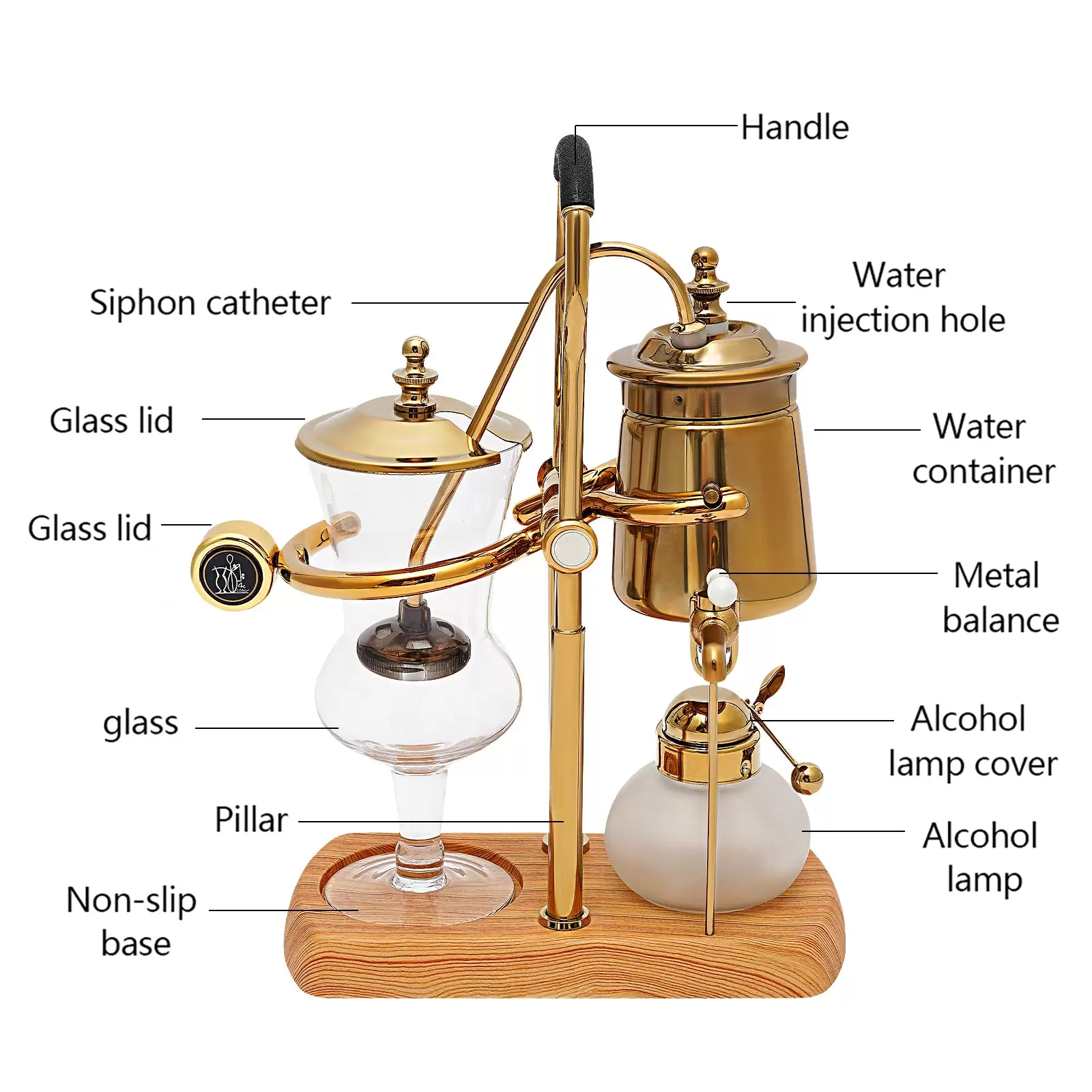 Cafetera de sifón, cafetera de sifón belga, cafetera al vacío, cafetera de té y café, base de madera natural y pomo de tapa