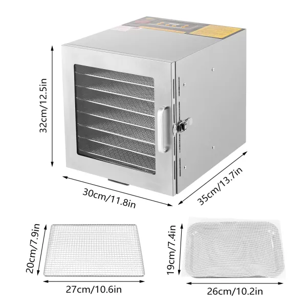 Deshidratador de acero inoxidable, 700 W, temperatura ajustable, 35-90 ℃, temporizador ajustable 0-24 horas, para frutas, verduras, 30 x 35 x 32 cm