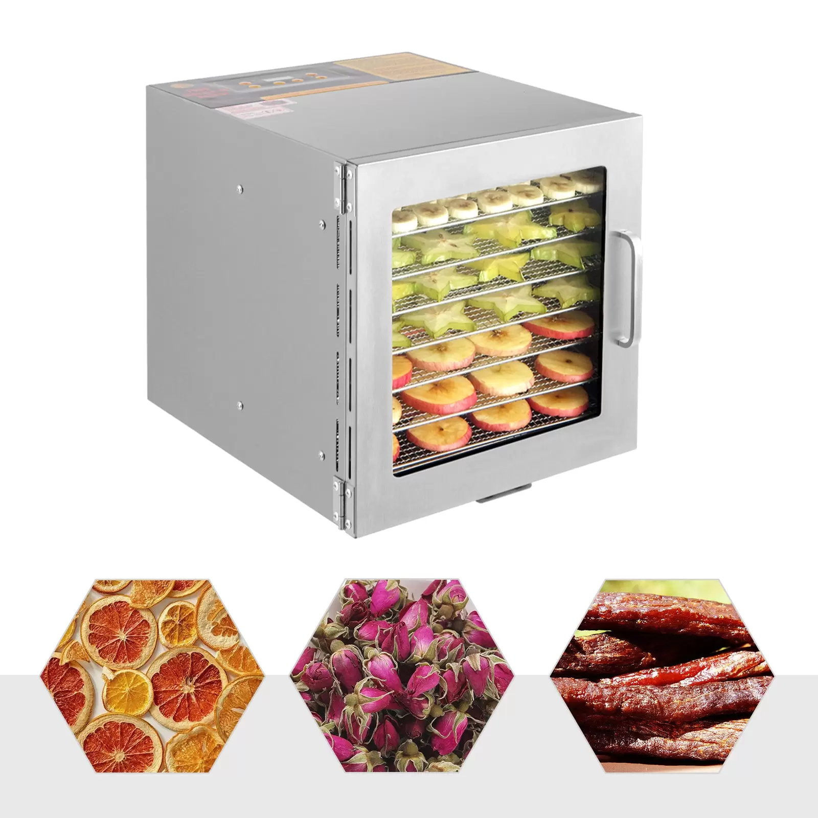 Deshidratador de acero inoxidable, 700 W, temperatura ajustable, 35-90 ℃, temporizador ajustable 0-24 horas, para frutas, verduras, 30 x 35 x 32 cm