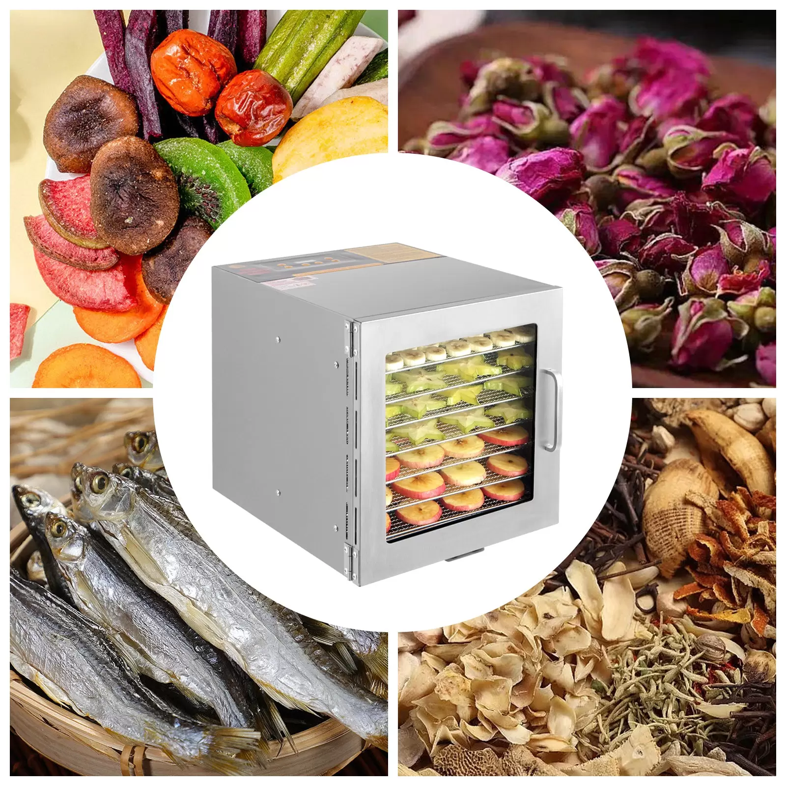 Deshidratador de acero inoxidable, 700 W, temperatura ajustable, 35-90 ℃, temporizador ajustable 0-24 horas, para frutas, verduras, 30 x 35 x 32 cm