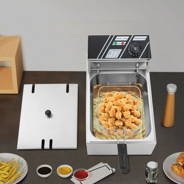 Freidoras eléctricas de 2500 W, 6 L de acero inoxidable, 60-200 ℃, con cesta para freír y tapa, para catering restaurantes