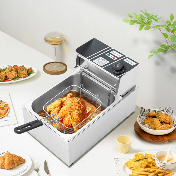 Freidoras eléctricas de 2500 W, 6 L de acero inoxidable, 60-200 ℃, con cesta para freír y tapa, para catering restaurantes