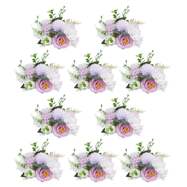 10 piezas de flores artificiales artificiales, arreglos florales de plástico para decoración de centros de mesa de boda, fiesta(morado y blanco)
