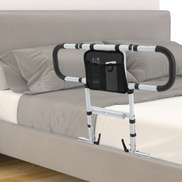 Barra de ayuda para la cama plegable, Barra de apoyo para la cama, Soporte fiable, Longitud ajustable: 53-69cm, Blanco