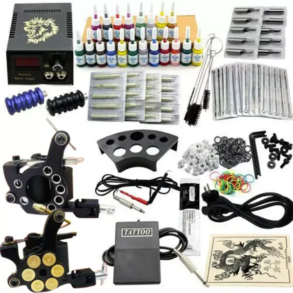 Juego completo de 2 máquinas de tatuar, 20 colores, 50 agujas para principiantes