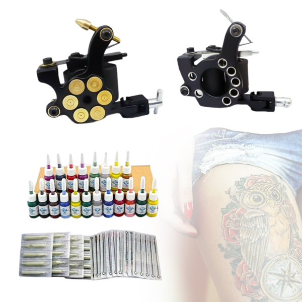 Juego completo de 2 máquinas de tatuar, 20 colores, 50 agujas para principiantes