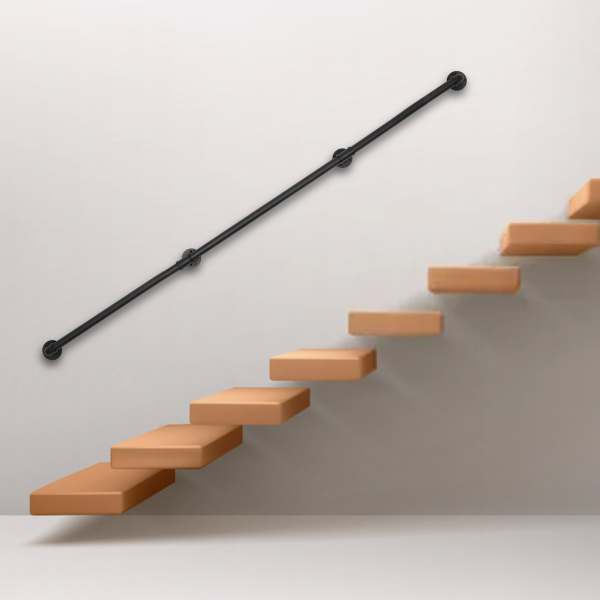Pasamanos de tubo, metal resistente con capacidad de carga, 8 pies, 3 secciones, Distancia a la pared 8cm, Negro