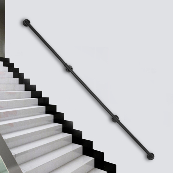 Pasamanos de tubo, metal resistente con capacidad de carga, 8 pies, 3 secciones, Distancia a la pared 8cm, Negro