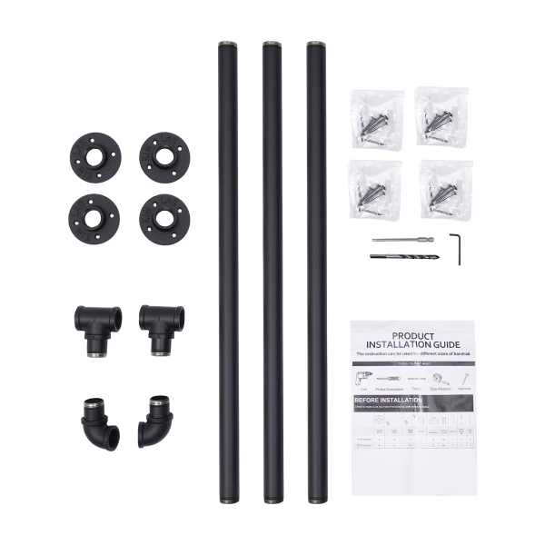 Pasamanos de tubo, metal resistente con capacidad de carga, 8 pies, 3 secciones, Distancia a la pared 8cm, Negro