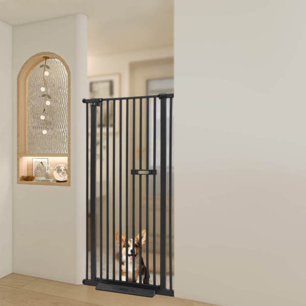 Puerta extensible negra para mascotas de 150 cm, barrera de alta seguridad para perros y gatos - Fácil de instalar