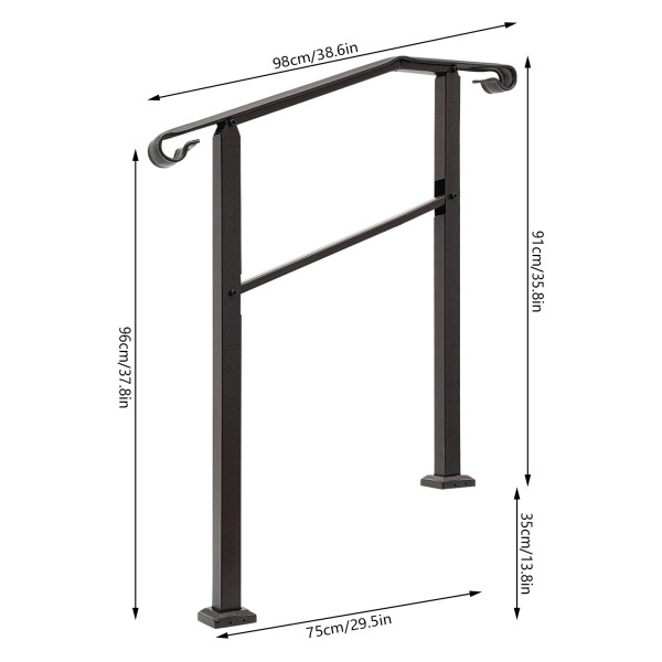 98*96cm Pasamanos para exteriores, pasamanos de escalera, pasamanos de 3 escalones Marrón hierro