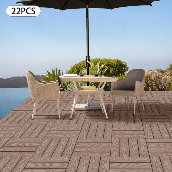 Tarimas, 22 piezas, Tarimas de WPC, Suelos de madera plástica, 20 mm de grosor, Cuadrado, Color: Café Tarimas, 22 piezas, Tarimas de WPC, Suelos de madera plástica, 20 mm de grosor, Cuadrado, Color: Café