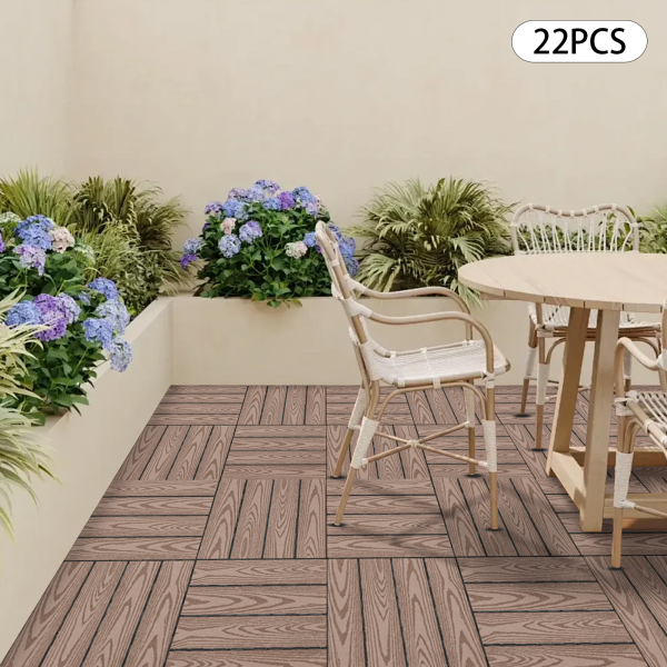 Tarimas, 22 piezas, Tarimas de WPC, Suelos de madera plástica, 20 mm de grosor, Cuadrado, Color: Café Tarimas, 22 piezas, Tarimas de WPC, Suelos de madera plástica, 20 mm de grosor, Cuadrado, Color: Café