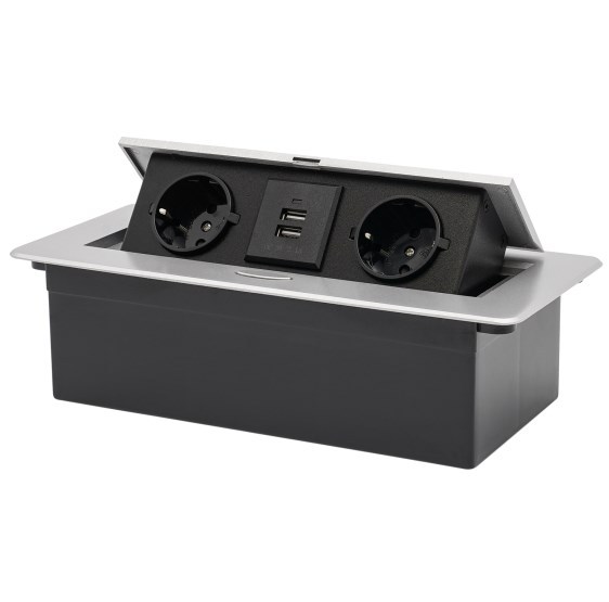 Toma emergente con 2 USB, plegable, para cocina/escritorio/banco de trabajo, plateada