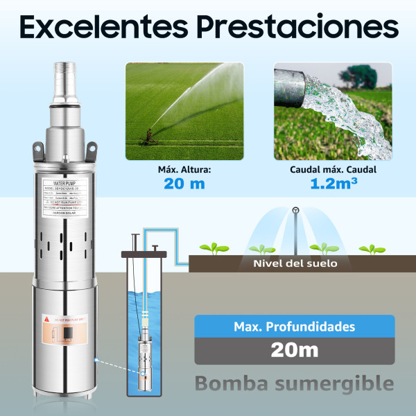 Bomba para pozos profundos, 12 V, 1,2 m³/h, 180 W, bomba sumergible