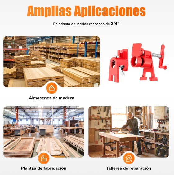 Juego de abrazaderas para tubos para encolar madera, Juego de abrazaderas para tubos para encolar madera de 3/4"