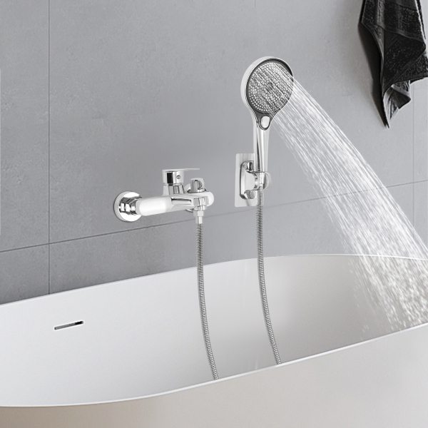 Juego de ducha con válvula mezcladora para baño, grifo de baño con ducha de mano, grifo de baño montado en la pared con cabezal de ducha - Plateado