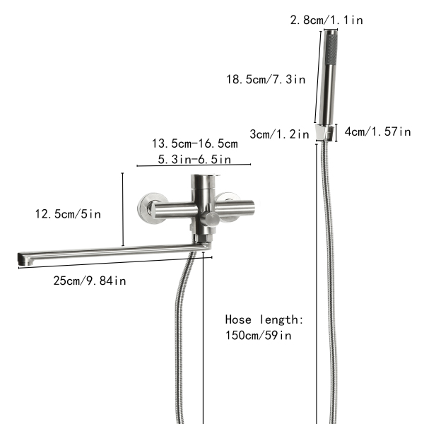 22.5cm Mezclador de bañera con ducha de mano, acero inoxidable cepillado con desviador, grifo monomando con 1,5 m flexo de ducha
