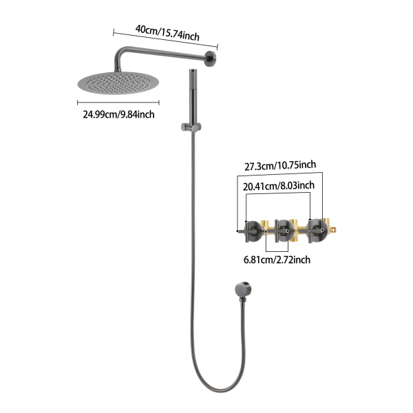 Juego de ducha moderno de 25 cm con rociador de mano, juego de ducha de pared - Gris con baño de agua