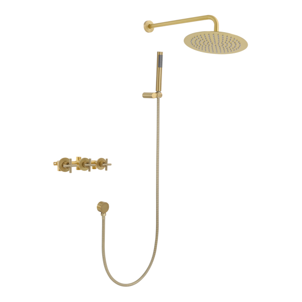Juego de ducha moderno de 25 cm con rociador de mano, juego de ducha de pared - Oro cepillado