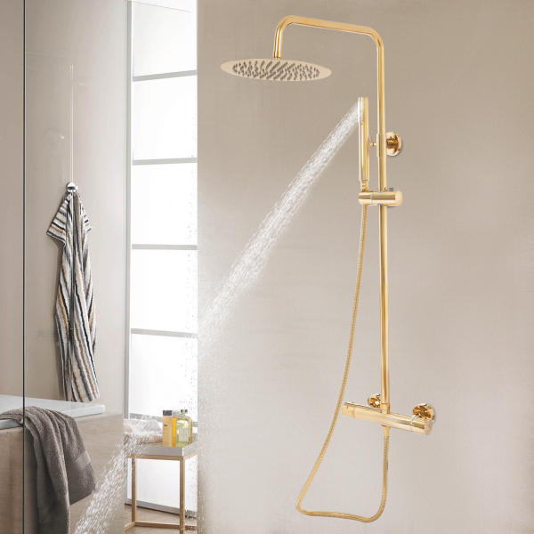 Conjunto de ducha termostático redondo dorado 25 cm, sistema de ducha con termostato, dorado