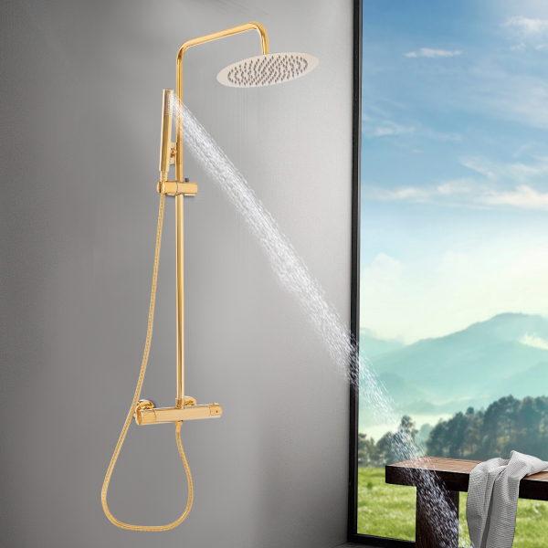 Conjunto de ducha termostático redondo dorado 25 cm, sistema de ducha con termostato, dorado Conjunto de ducha termostático redondo dorado 25 cm, sistema de ducha con termostato, dorado