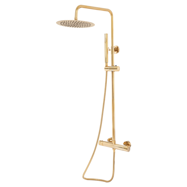 Conjunto de ducha termostático redondo dorado 25 cm, sistema de ducha con termostato, dorado