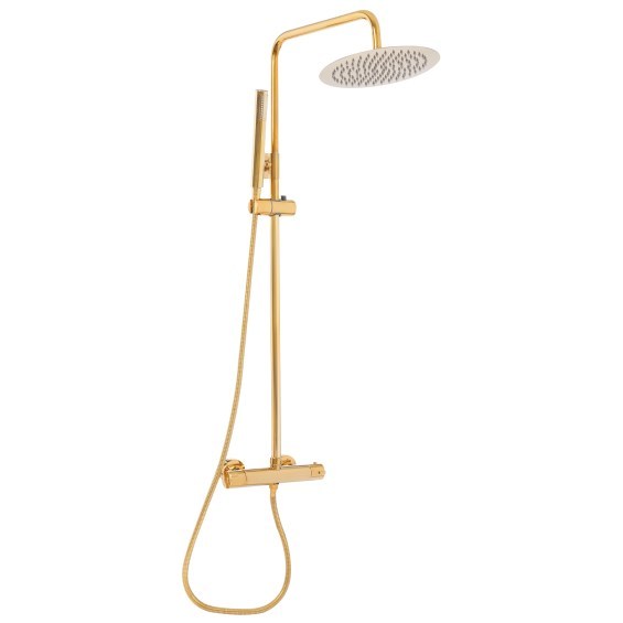Conjunto de ducha termostático redondo dorado 25 cm, sistema de ducha con termostato, dorado