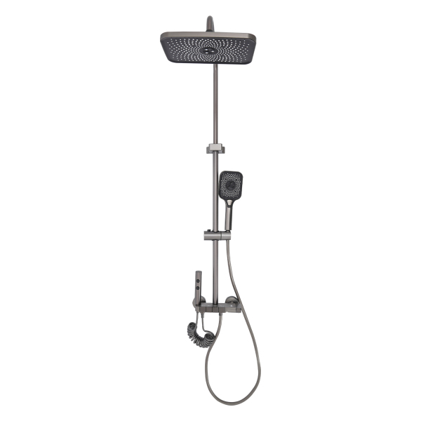 Juego de ducha termostático de 4 vías, cabezales de ducha con rociador de mano, pistola de agua de alta presión y ducha combinada de altura ajustable.
