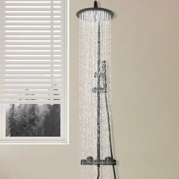 Sistema de ducha con termostato, con cabezal de ducha de 26 cm para cabezal de ducha con manguera y soporte, altura ajustable 85-123 cm, negro