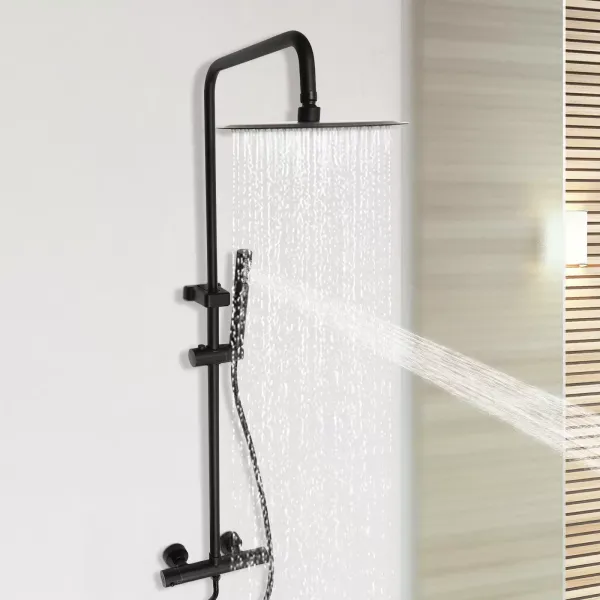 Sistema de ducha con termostato, con cabezal de ducha de 26 cm para cabezal de ducha con manguera y soporte, altura ajustable 85-123 cm, negro