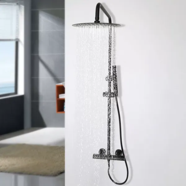 Sistema de ducha con termostato, con cabezal de ducha de 26 cm para cabezal de ducha con manguera y soporte, altura ajustable 85-123 cm, negro